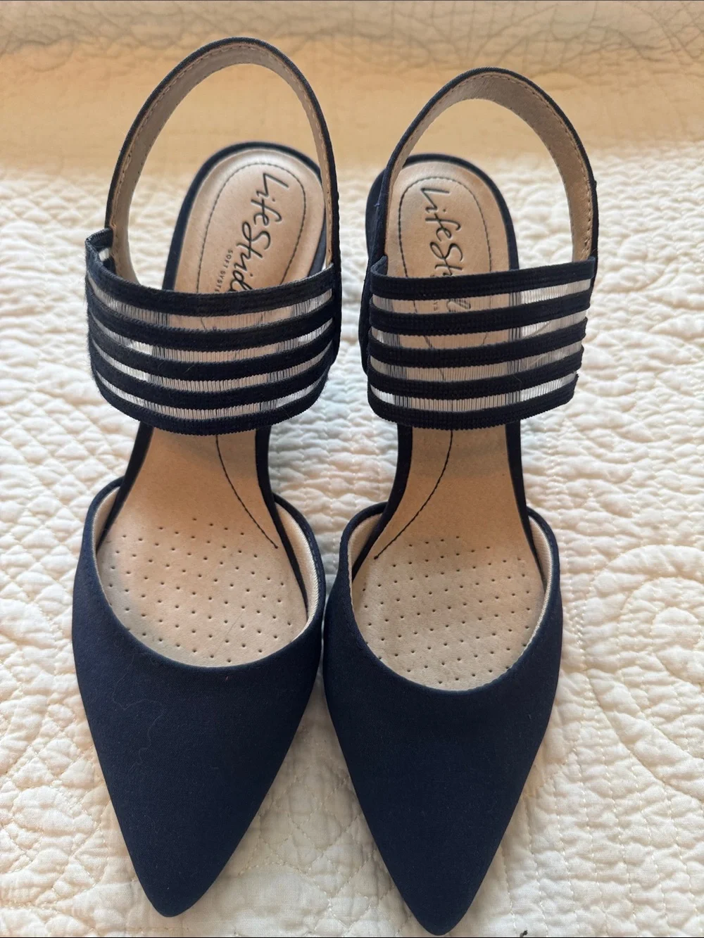 Life Stride Navy Pointed Slingback Pumps with Strappy Ankle